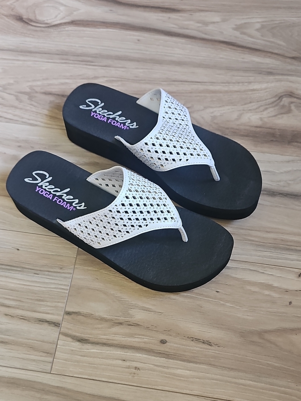 Skechers Black Footbed White Perforated Thong Wedge Sandals